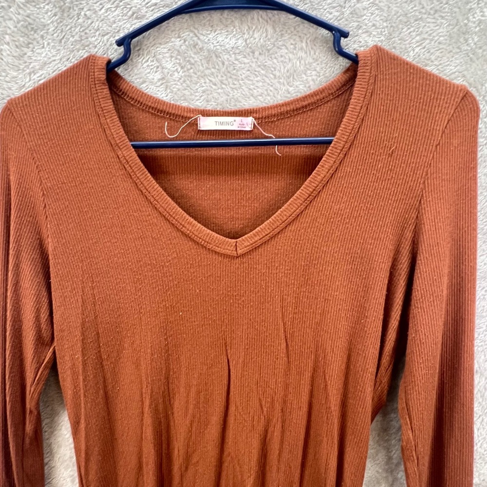 Timing L Rust Orange Ribbed Layering Boho‎ Y2K Earthy Long Sleeve